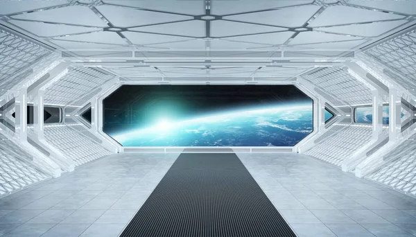 Nave espacial blanca azul interior futurista con vista a la ventana en pla —  Fotos de Stock