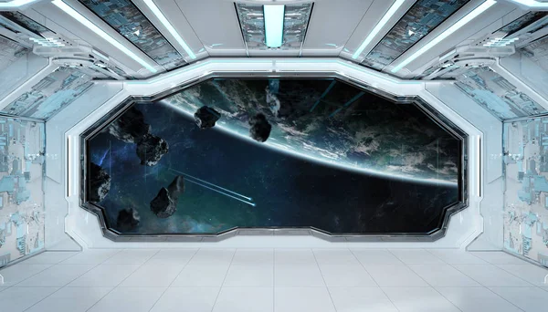 Fehér kék űrhajó futurisztikus belső ablak kilátás a pla — Stock Fotó