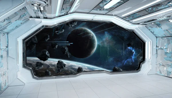 Weiß blaues Raumschiff futuristisches Interieur mit Fensterblick auf den Wellnessbereich — Stockfoto