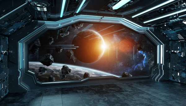 Nave espacial azul oscuro interior futurista con vista a la ventana en spac —  Fotos de Stock