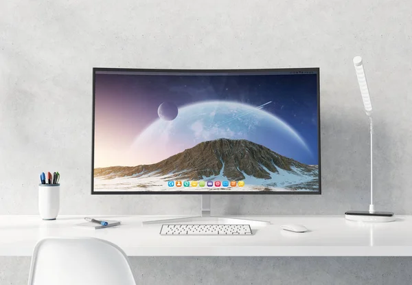 Monitor curvado en hormigón de escritorio blanco maqueta interior 3D rend —  Fotos de Stock