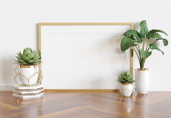 Dřevěný rám se nakláněl v zářivě bílém interiéru s rostlinami a de — Stock fotografie