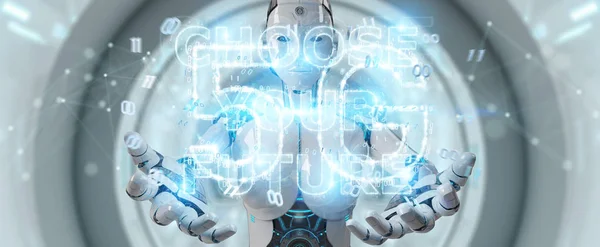 Mujer cyborg blanca usando la futura interfaz de texto de decisión 3D rende —  Fotos de Stock