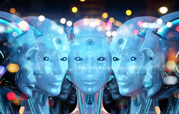 Group of female robots heads creating digital connection 3d rend