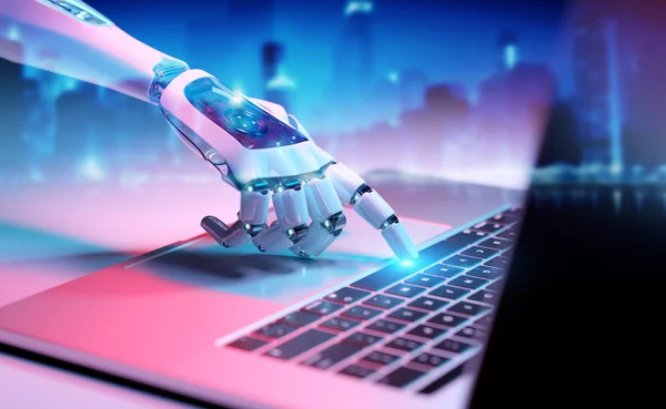 Robotic hand te drukken op een toetsenbord van een laptop 3d rendering — Stockfoto