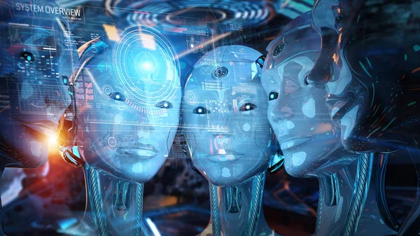 Group of female robots heads using digital hologram screens 3d r