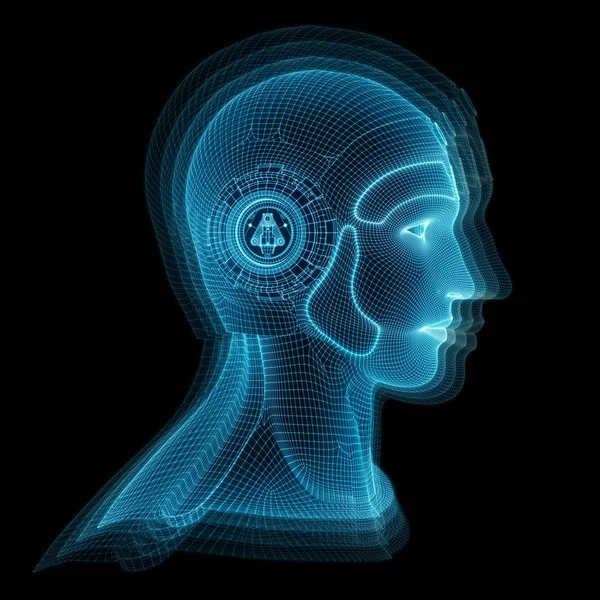 Wireframed robotic mannen huvudet som representerar artificiell intelligens — Stockfoto