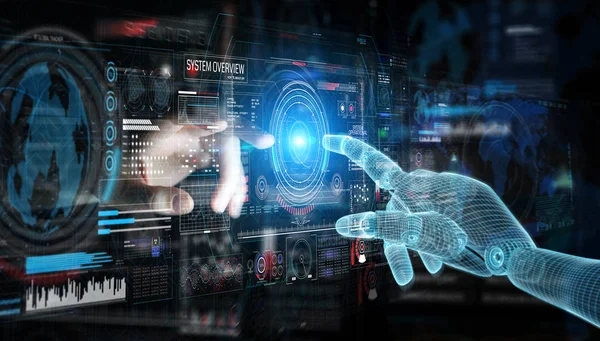 Wireframed mão robô e mão humana tocando gráfico digital inte — Fotografia de Stock