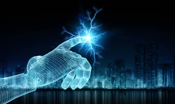 Wireframed μπλε ρομπότ χέρι αγγίζει ψηφιακή σύνδεση στο σκοτάδι β — Φωτογραφία Αρχείου