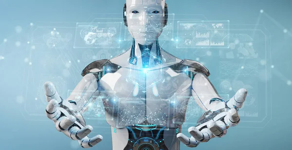 Robot humanoide blanco usando interfaz tecnológica digital con — Foto de Stock