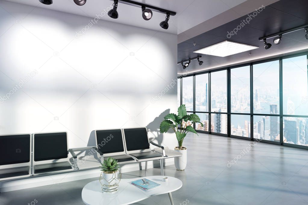 Blank wall in bright waiting room mockup with large windows and sun passing through 3D rendering