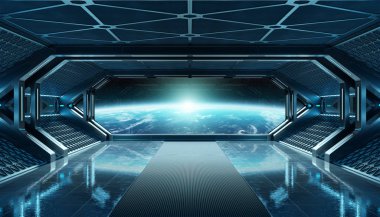 Koyu mavi uzay gemisi fütüristik iç planı üzerinde pencere Manzaralı