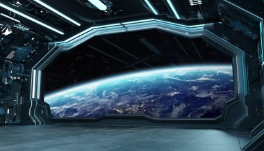 Koyu mavi uzay gemisi fütüristik iç planı üzerinde pencere Manzaralı