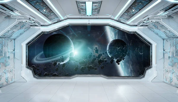 화이트 블루 우주선 미래 인테리어 스파에 창 보기 — 스톡 사진