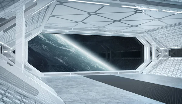 White blue spaceship futuristic interior with window view on pla