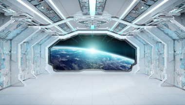 Beyaz mavi uzay gemisi fütüristik iç pencere manzaralı pla