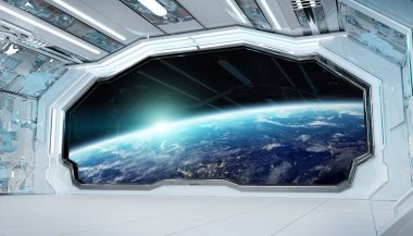 Beyaz mavi uzay gemisi fütüristik iç pencere manzaralı pla