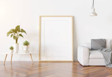 Ahşap çerçeve bitkiler ve ile parlak beyaz oturma odasında eğilerek