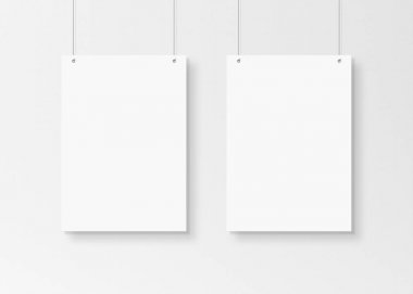 Duvarda asılı duran iplerle izole edilmiş beyaz poster 3d rende