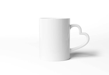 Beyaz arka plan üzerinde izole kalp kolu ile boş kupa mockup 