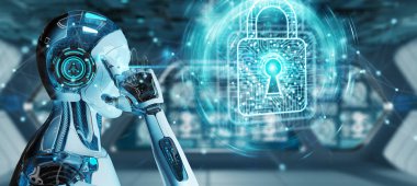 Beyaz adam robot dijital veriler 3B oluşturmayı güvenliğini sağlama