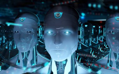 Grup lideri cyborg ordu 3d render takip erkek robotlar