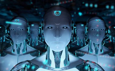 Grup lideri cyborg ordu 3d render takip erkek robotlar