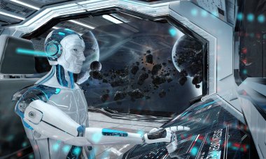 Robot bir beyaz modern uzay gemisi galibiyetle uçan bir kontrol odasında