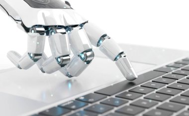 Beyaz robot cyborg el laptop 3d rende üzerinde bir klavye tuşuna basarak