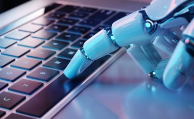 Robot el bir dizüstü 3d render bir klavye tuşuna basarak