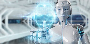 Dijital yapay zeka kafa Interfac kullanarak beyaz robot