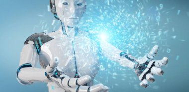 Beyaz insansı robot yeni futuristik enerji güç kaynağı oluşturma