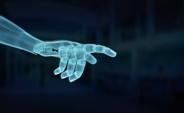 Wireframed robot el işaret parmağı üzerinde karanlık 3d Render mavi