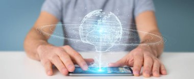 Avrupa ile dünya ağ hologram kullanarak işadamı harita 3d parçalamak