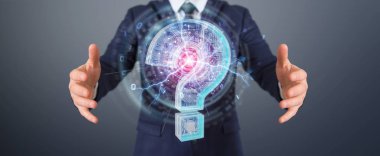 İşadamı dijital soru işaretleri 3d rende ile sorun çözme