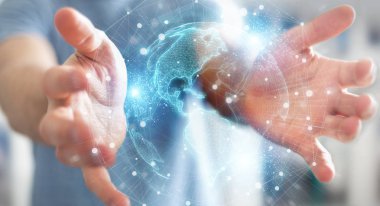 İşadamı Amerika'yı kullanarak Amerika haritası küre ağ hologram 3d rend