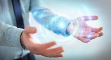 Yeni futuristik enerji güç kaynağı 3D rende oluşturma işadamı