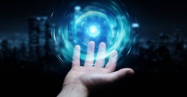 Yeni futuristik enerji güç kaynağı 3D rende oluşturma işadamı