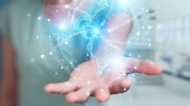 Amerika Birleşik Devletleri harita dünya ağ hologramı kullanarak Businesswoman 3D yeniden