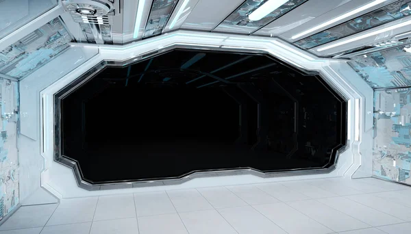 ウィンドウ ビューで白青い宇宙船未来インテリア モックアップ — ストック写真