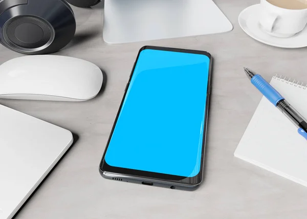 Modernes Smartphone auf Desktop-Attrappe 3D-Rendering — Stockfoto