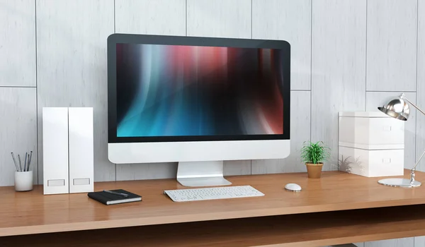 Computer and devices on modern wooden desk interior 3D rendering — Stock Photo, Image