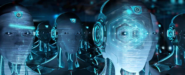Grupo de cabezas de robots masculinos utilizando pantallas de holograma digital 3d ren —  Fotos de Stock
