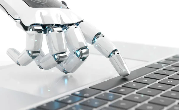 Robot blanco cyborg mano presionando un teclado en un portátil 3D rende — Foto de Stock