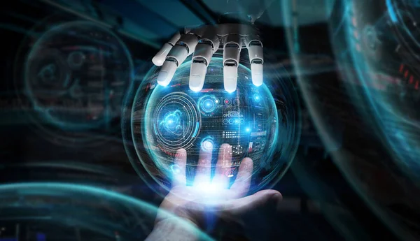 Robot hand and human hand touching digital sphere graph interfac — Stock Photo, Image