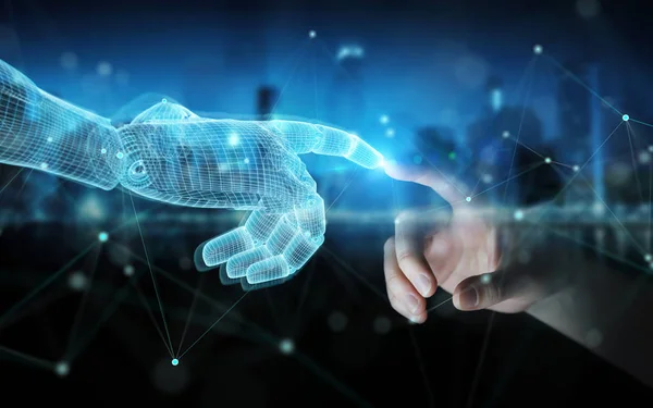 Wireframed Robot mano conectar con la mano humana en 3D oscuro rend —  Fotos de Stock