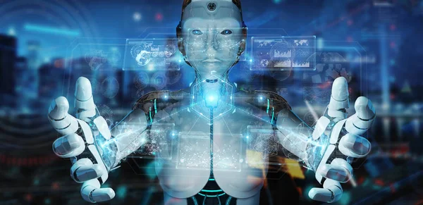 Robô humanóide branco usando interface tecnológica digital com — Fotografia de Stock