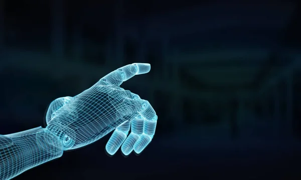 Wireframed blue robot hand pointing finger on dark 3D rendering