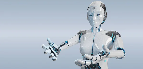 Λευκή γυναίκα cyborg άνοιγμα της δύο χέρια 3d rendering — Φωτογραφία Αρχείου