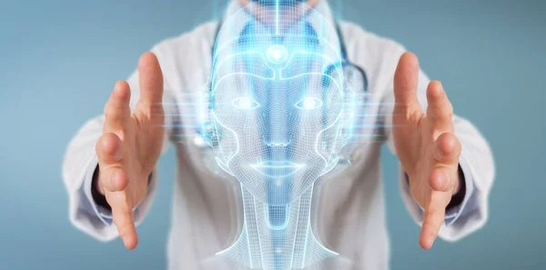 Doctor utilizando la interfaz de cabeza de inteligencia artificial digital 3D r — Foto de Stock